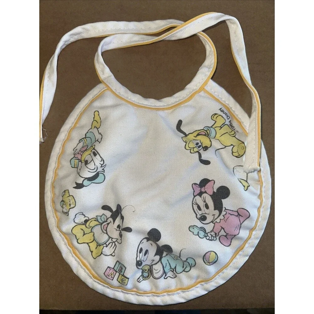 1984 Mickey Mouse Babies Quilted Back Circle Baby Bib - Disney -Made in USA